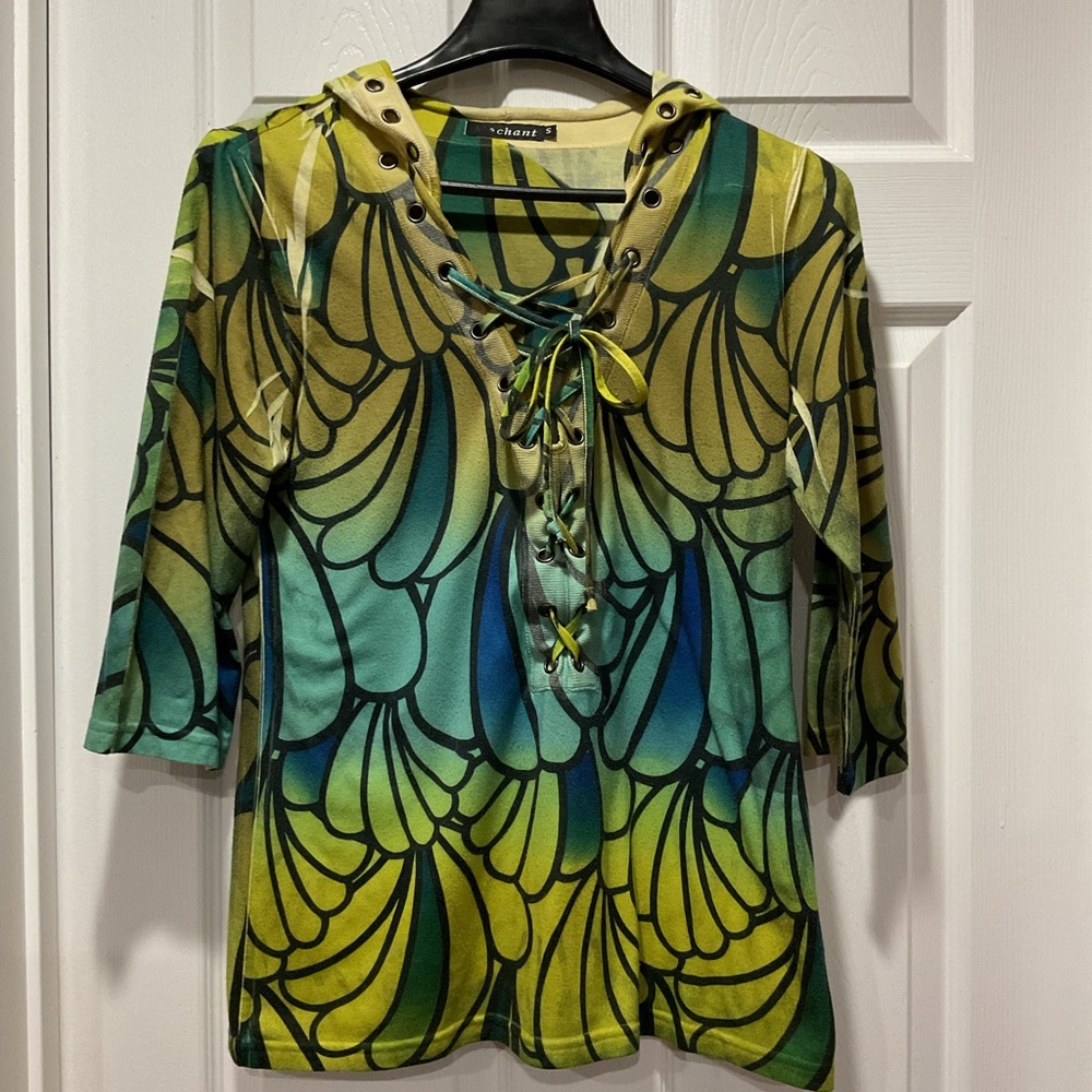 Green and Yellow Tie Front Graphic Blouse with 3/4 Sleeves tunic top loose shirt